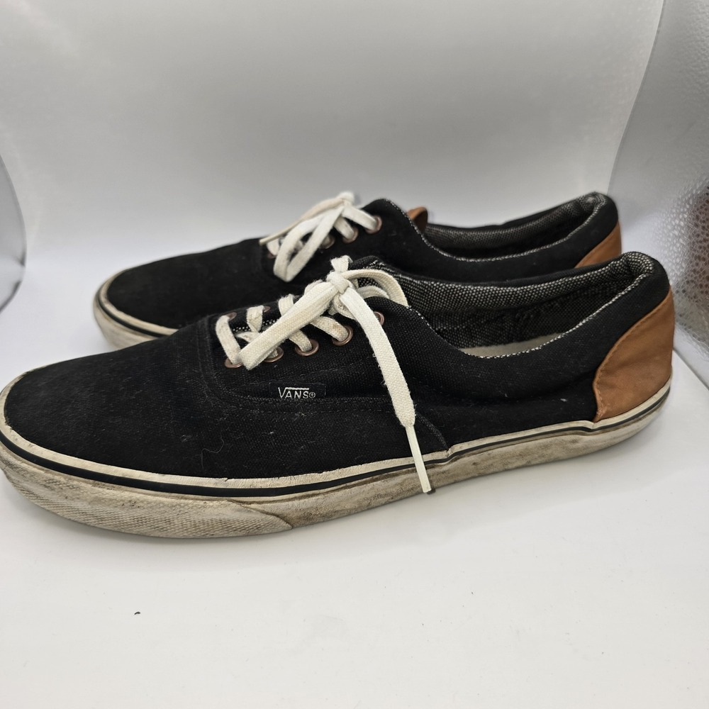 Vans Era Black Canvas  Men's Sz 10.5  Tan Leather Heel Casual Skate Shoes